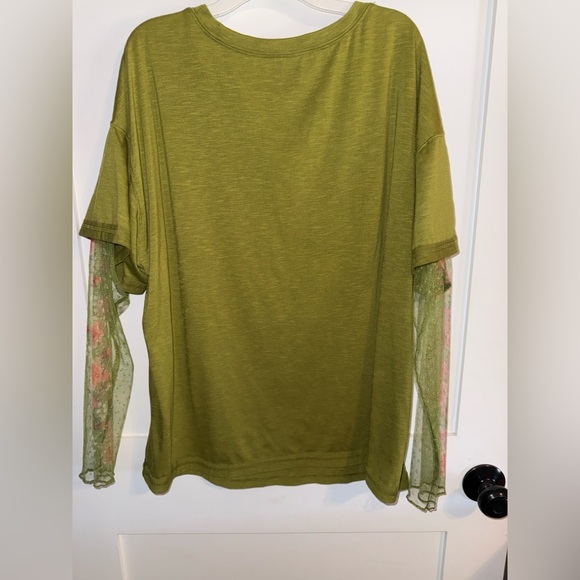 Chic Olive Green Top with Floral Sheer Sleeves - Picture 4 of 5